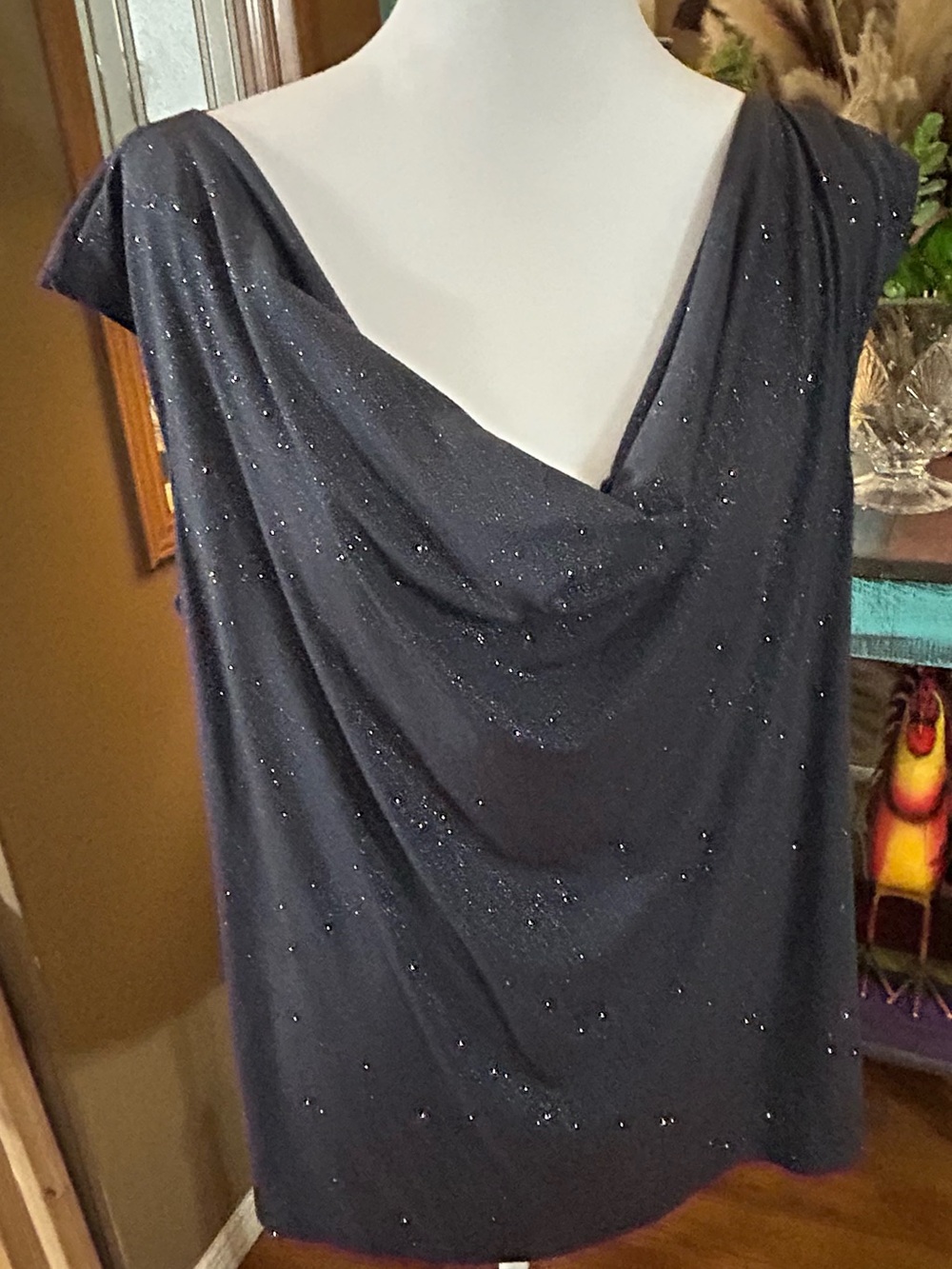 Roz & Ali One-Shoulder Sparkle Cowl Neck- Black Dolman Top